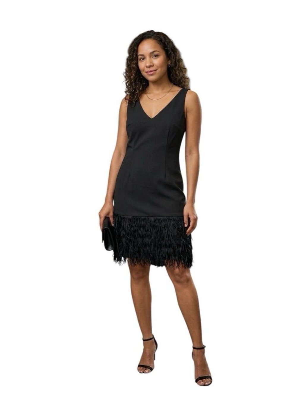 Classic Black V-Neck Feather Hem Cocktail Dress